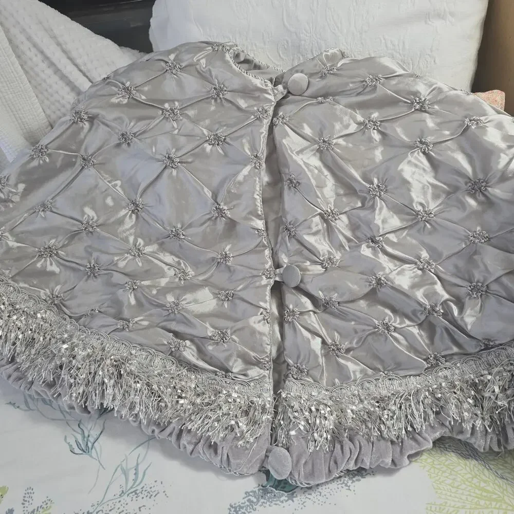 Silver Fringed Ruched Satin Christmas Tree Skirt by Earl & Wilson 27